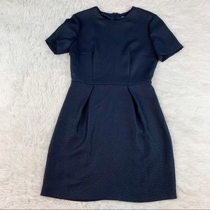 SportMax short sleeve textured sheath dress in navy blue stretchy exposed zipper